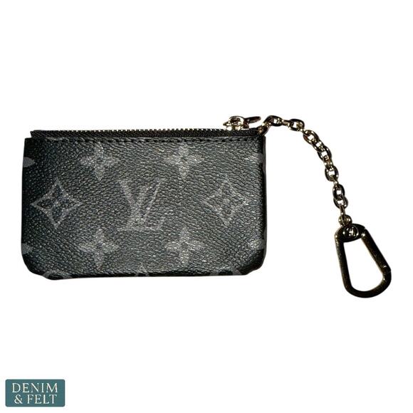 Louis Vuitton Monogram Canvas Key Pouch Coin Card Holder Chain Black~Grey - Picture 1 of 11